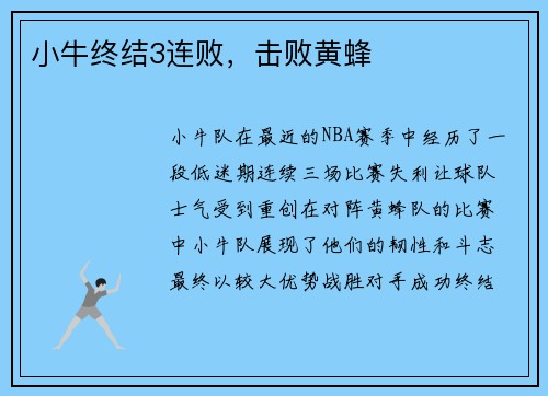 小牛终结3连败，击败黄蜂
